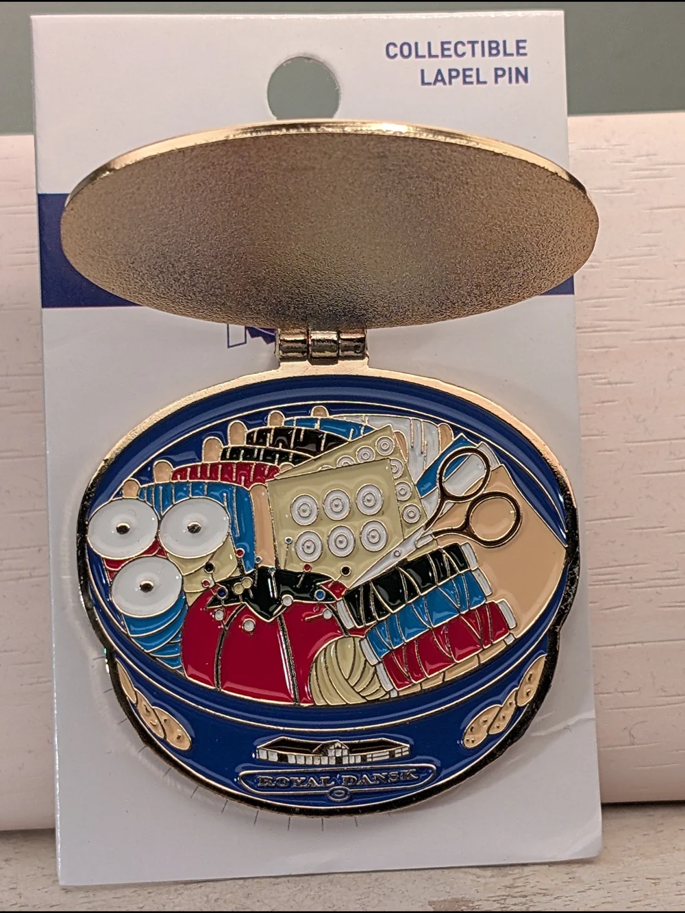 Pin- Grandma's Sewing Kit Royal Dansk Blue Enamel by Little Shop Of Pins